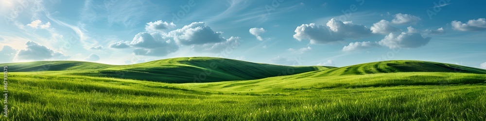 Fototapeta premium Green grass field on small hills and blue sky with clouds. Summer spring landscape background