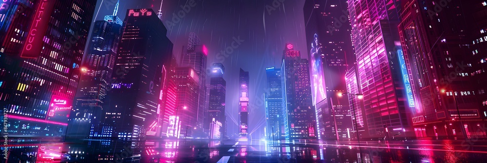Beautiful neon night in a cyberpunk city. Illustration of the futuristic city skyscraper Beautiful neon night in a cyberpunk city. Illustration of the futuristic city skyscraper