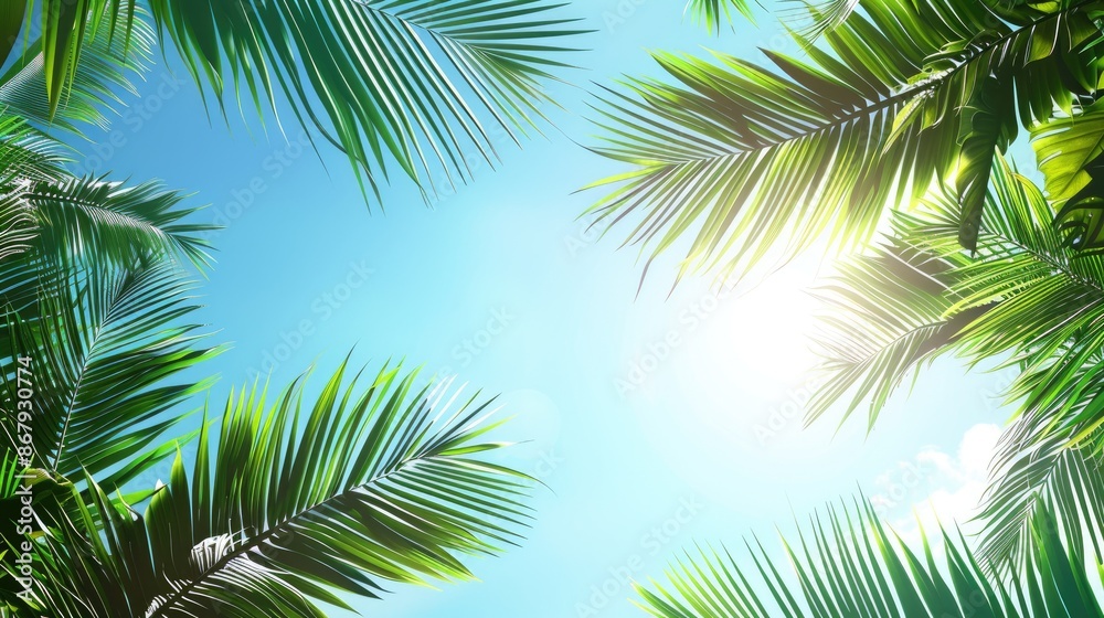 Tropical scene with palm leaves against blue sky ideal for text Tropical scene with palm leaves against blue sky ideal for text