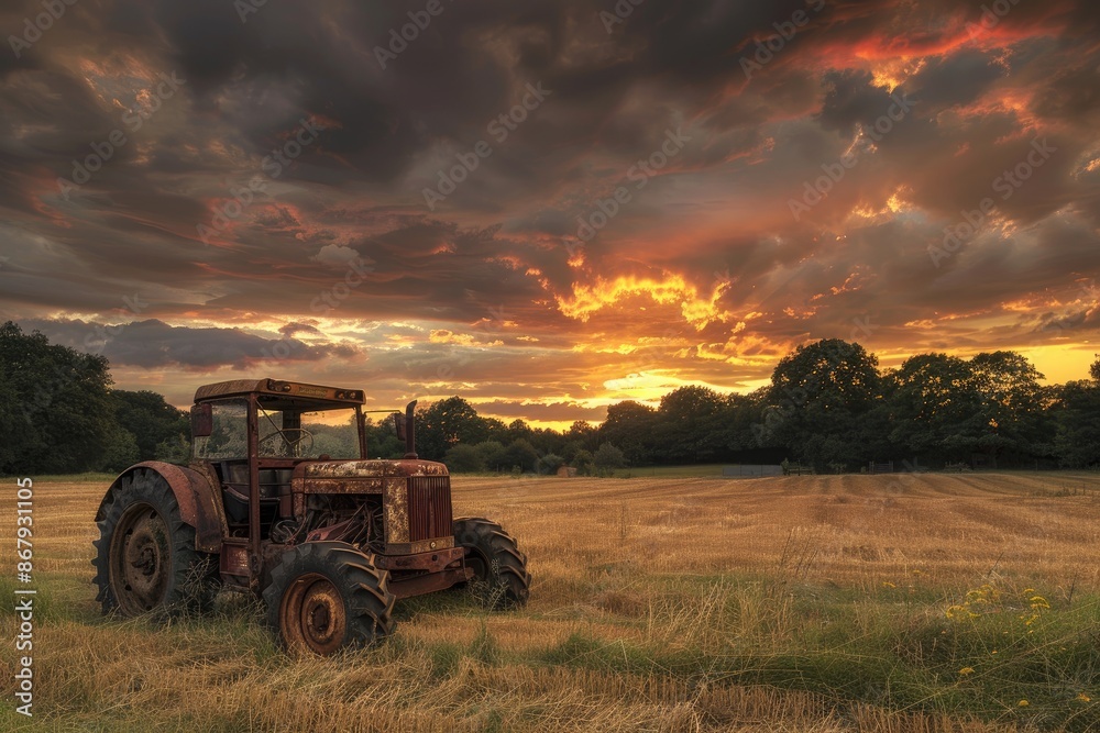 Fototapeta premium An old tractor is sitting in a field with a beautiful sunset in the background. The sky is filled with clouds, creating a moody atmosphere