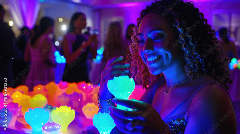 A woman smiles at a party with glow-in-the-dark lights and colorful decorations A woman smiles at a party with glow-in-the-dark lights and colorful decorations