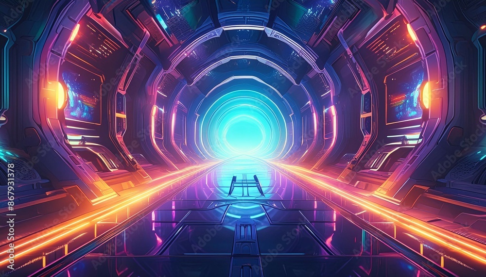 Fototapeta premium Futuristic colorful cyberpunk glowing light through the tunnel background