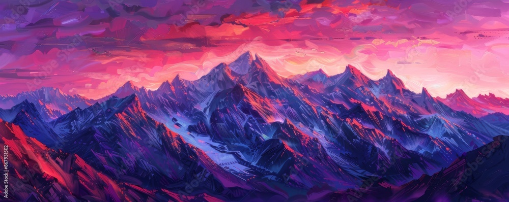 Obraz premium Colorful mountain range at sunset, vibrant sky. Nature and adventure concept