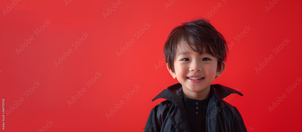 Asian Boy Smiling Dressed as a Vampire, Halloween Costume, Solid Red Background with Copy Space. Asian Boy Smiling Dressed as a Vampire, Halloween Costume, Solid Red Background with Copy Space.