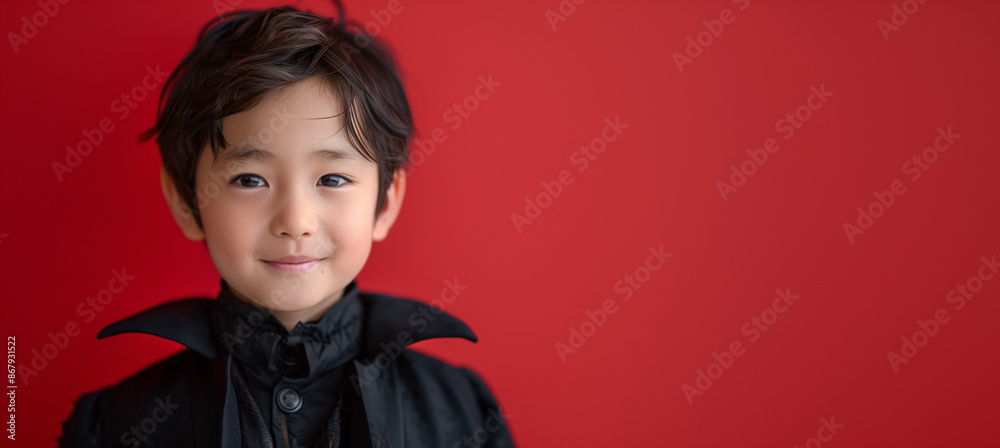 Asian Boy Smiling Dressed as a Vampire, Halloween Costume, Solid Red Background with Copy Space. Asian Boy Smiling Dressed as a Vampire, Halloween Costume, Solid Red Background with Copy Space.