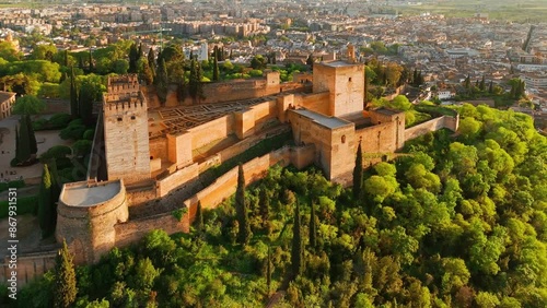 Aerial view of the Alhambra palace at sunset in Granada, Andalusia, Spain photo