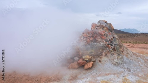 Beautiful view of the Geysir valley in Iceland. Geothermal area in Haukadular valley, Iceland, with steaming hot springs, hot water streams photo