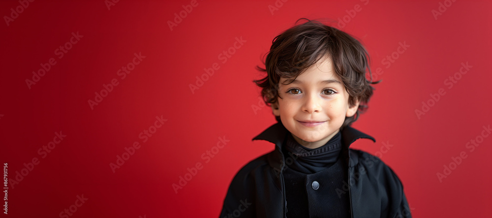 Hispanic Boy Smiling Dressed as a Vampire, Halloween Costume, Solid Red Background with Copy Space. Hispanic Boy Smiling Dressed as a Vampire, Halloween Costume, Solid Red Background with Copy Space.