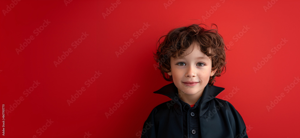 Caucasian Boy Smiling Dressed as a Vampire, Halloween Costume, Solid Red Background with Copy Space. Caucasian Boy Smiling Dressed as a Vampire, Halloween Costume, Solid Red Background with Copy Space.