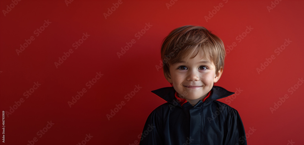 Hispanic Boy Smiling Dressed as a Vampire, Halloween Costume, Solid Red Background with Copy Space. Hispanic Boy Smiling Dressed as a Vampire, Halloween Costume, Solid Red Background with Copy Space.