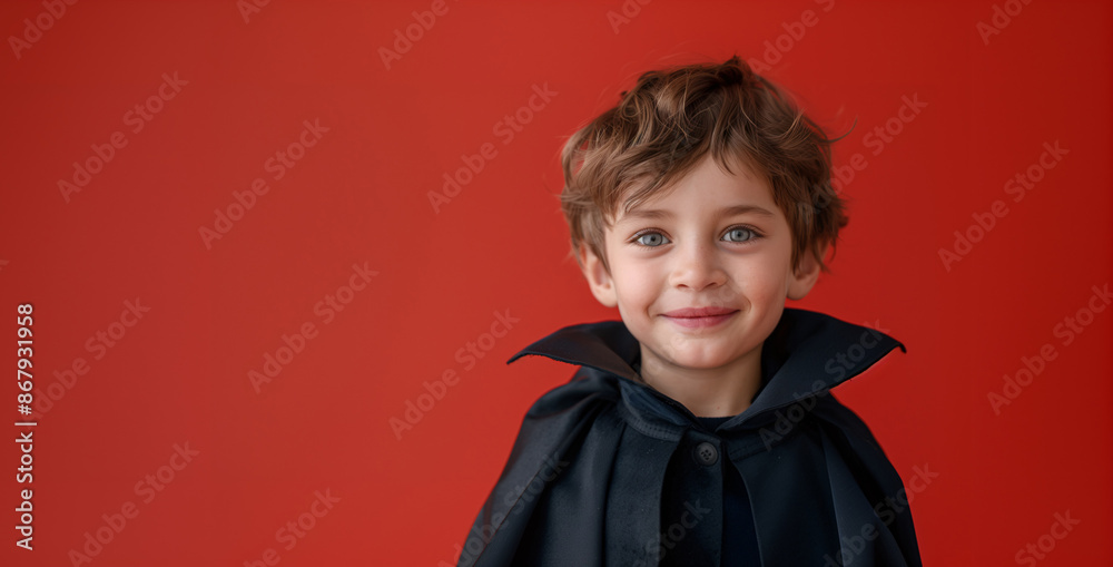 Caucasian Boy Smiling Dressed as a Vampire, Halloween Costume, Solid Red Background with Copy Space. Caucasian Boy Smiling Dressed as a Vampire, Halloween Costume, Solid Red Background with Copy Space.