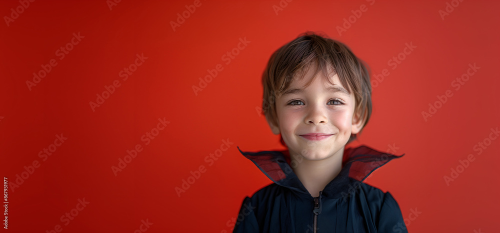 Caucasian Boy Smiling Dressed as a Vampire, Halloween Costume, Solid Red Background with Copy Space. Caucasian Boy Smiling Dressed as a Vampire, Halloween Costume, Solid Red Background with Copy Space.