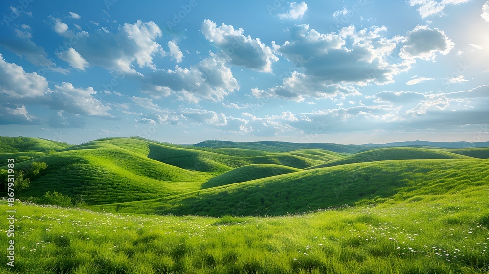 Fototapeta premium Green grass field on small hills and blue sky with clouds. Summer spring landscape background