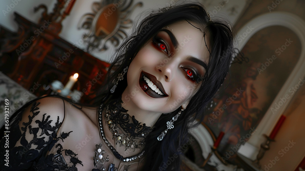 Fototapeta premium Smiling woman dressed as a vampire, elegant dress and jewelry, mansion with vintage furniture and chandeliers, Halloween concept, copy space.