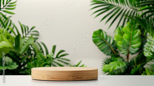 Polished round wooden podium on white table surrounded by lush monstera and palm leaves for eco-friendly product display
