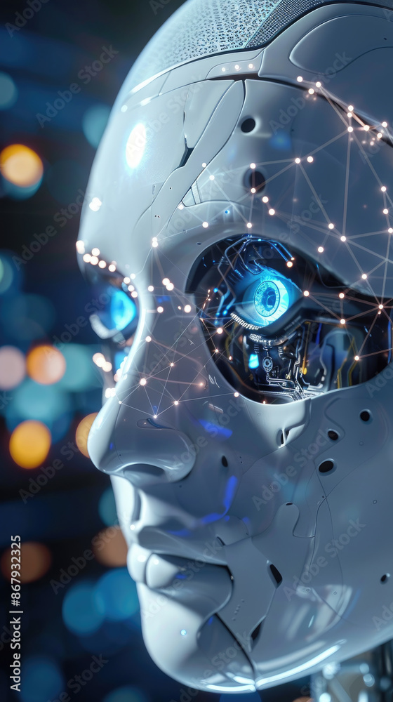 A close-up view of a female robots face, showcasing its detailed features and blue glowing eyes. The robots face is highlighted against a blurred background of lights A close-up view of a female robots face, showcasing its detailed features and blue glowing eyes. The robots face is highlighted against a blurred background of lights