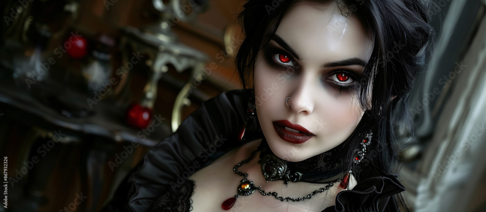 Fototapeta premium Beautiful woman dressed as a vampire, elegant dress and jewelry, mansion with vintage furniture and chandeliers, Halloween concept, copy space.