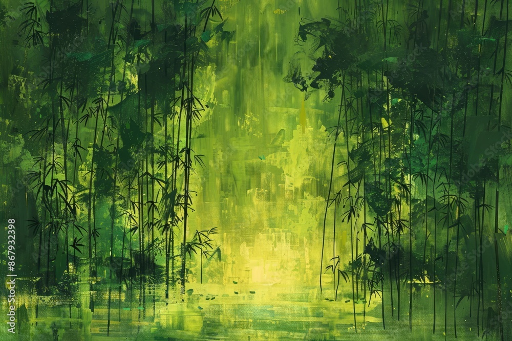 Obraz premium A painting of a lush green forest with a bright yellow sun shining through the trees. The mood of the painting is peaceful and serene, with the bright colors of the sun