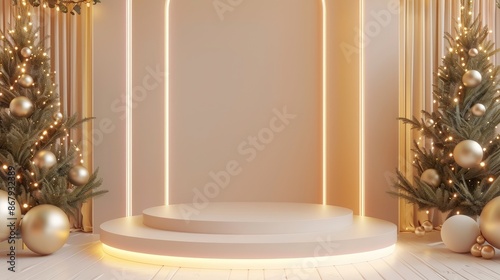 Minimalistic white podium with vertical golden lights and decorative spheres, suitable for festive displays photo