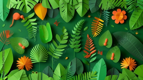Fototapeta Naklejka Na Ścianę i Meble -  Colorful paper-cut illustration of a tropical jungle scene with lush green foliage and vibrant flowers