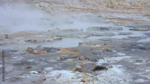 Beautiful view of the Geysir valley in Iceland. Geothermal area in Haukadular valley, Iceland, with steaming hot springs, hot water streams photo