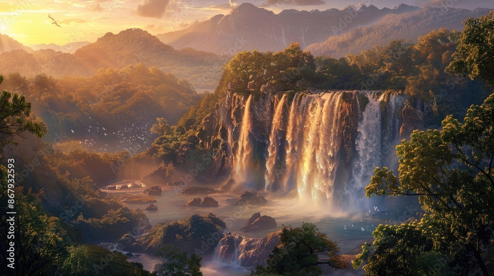 Fototapeta premium A beautiful waterfall surrounded by trees and mountains. The waterfall is surrounded by a lush green forest and the sky is a beautiful orange color