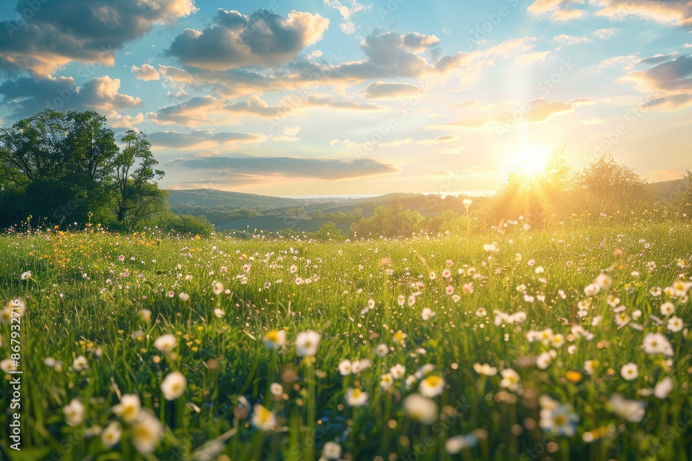 A field of flowers with a bright sun shining on it A field of flowers with a bright sun shining on it