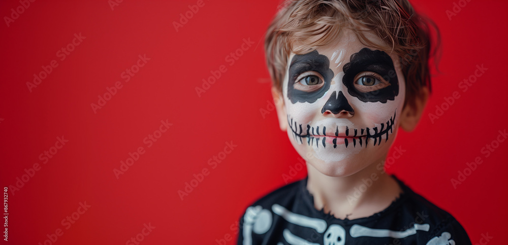 Smiling Child with Face Painted as Skull and Skeleton Costume, Halloween Costume, Solid Red Background with Copy Space. Smiling Child with Face Painted as Skull and Skeleton Costume, Halloween Costume, Solid Red Background with Copy Space.