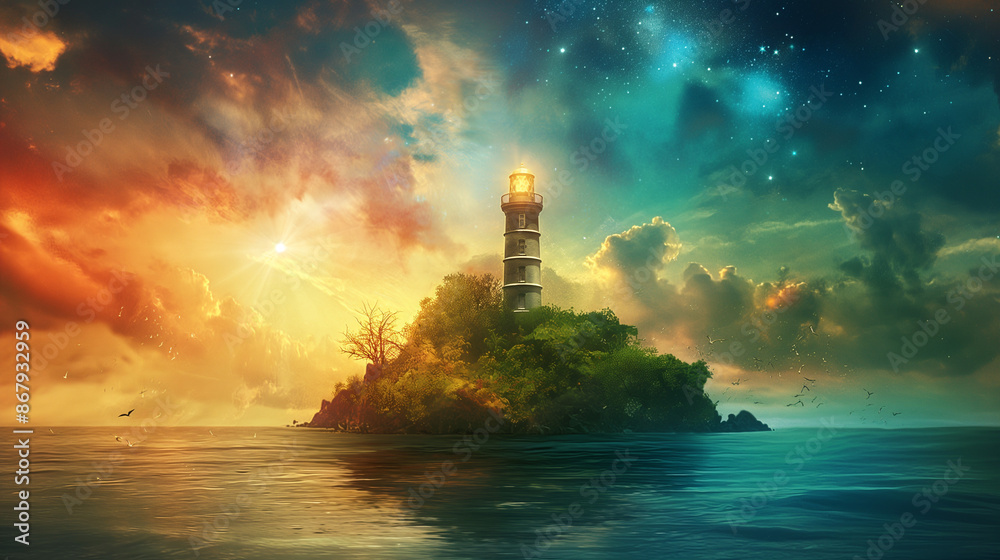 Obraz premium Lighthouse on a magical island, fantasy, vibrant colors