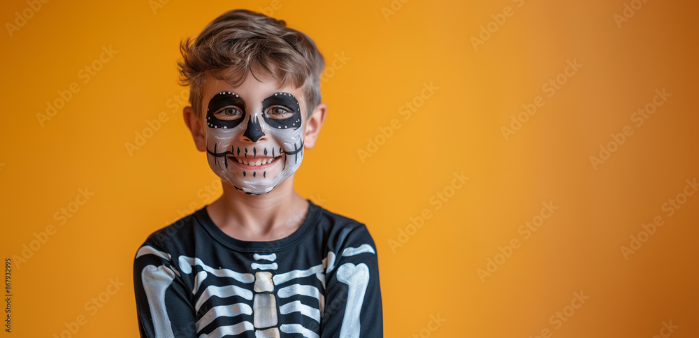 Smiling Child with Face Painted as Skull and Skeleton Costume, Halloween Costume, Solid Yellow Background with Copy Space. Smiling Child with Face Painted as Skull and Skeleton Costume, Halloween Costume, Solid Yellow Background with Copy Space.