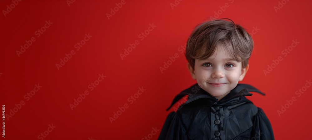 Caucasian Boy Smiling Dressed as a Vampire, Halloween Costume, Solid Red Background with Copy Space. Caucasian Boy Smiling Dressed as a Vampire, Halloween Costume, Solid Red Background with Copy Space.
