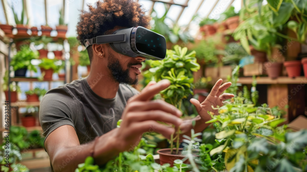 A man wearing a VR headset interacts with plants in a greenhouse setting, reaching out to touch the foliage A man wearing a VR headset interacts with plants in a greenhouse setting, reaching out to touch the foliage