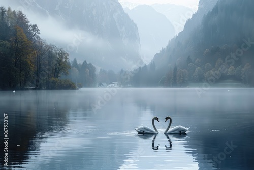 Two swans are swimming in a lake, with the water reflecting the mountains in the background. The scene is peaceful and serene, with the swans appearing to be in a loving embrace photo
