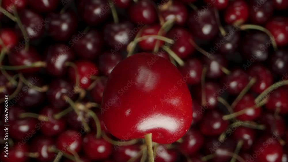 Cherry Rotating and Falling, Female Hand Catching It. Super Slow Motion, Macro Zoom, Top View. Cherry Rotating and Falling, Female Hand Catching It. Super Slow Motion, Macro Zoom, Top View.
