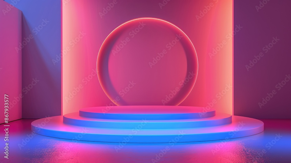 Vibrant neon podium with a dramatic lighting setup, suitable for high-energy product presentations or futuristic showcases Vibrant neon podium with a dramatic lighting setup, suitable for high-energy product presentations or futuristic showcases