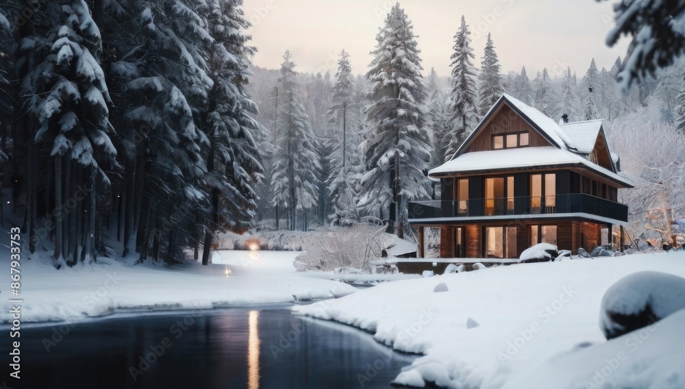 Modern house in a winter snowy forest next to the river Modern house in a winter snowy forest next to the river