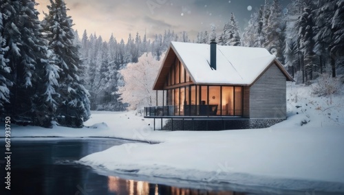 Modern house in a winter snowy forest next to the river