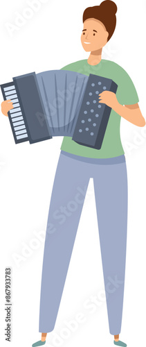 Young woman is playing a large accordion musical instrument