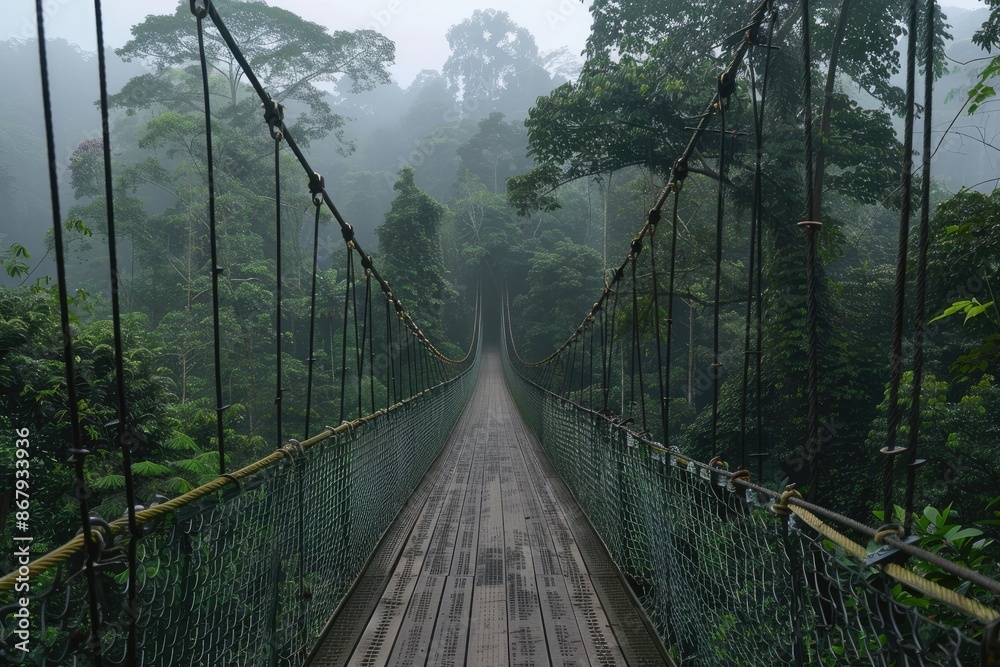 Fototapeta premium A bridge over a forest with a misty sky. The bridge is made of wood and is suspended over a river. The trees are lush and green, and the misty sky adds a sense of mystery and tranquility to the scene