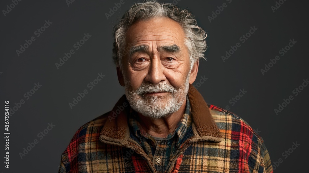 A man with a beard and gray hair is wearing a plaid jacket. He is smiling and looking at the camera