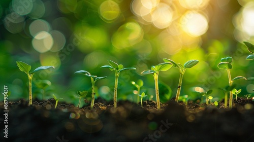 Close-up of green seedlings growing in soil with a bright and vibrant background. photo