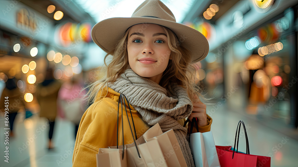 Confident woman with shopping bags in a stylish shopping mall. Concept: retail therapy, fashion, consumerism. Business use: mall advertisements, fashion promotions, sales events, lifestyle magazines. Confident woman with shopping bags in a stylish shopping mall. Concept: retail therapy, fashion, consumerism. Business use: mall advertisements, fashion promotions, sales events, lifestyle magazines.