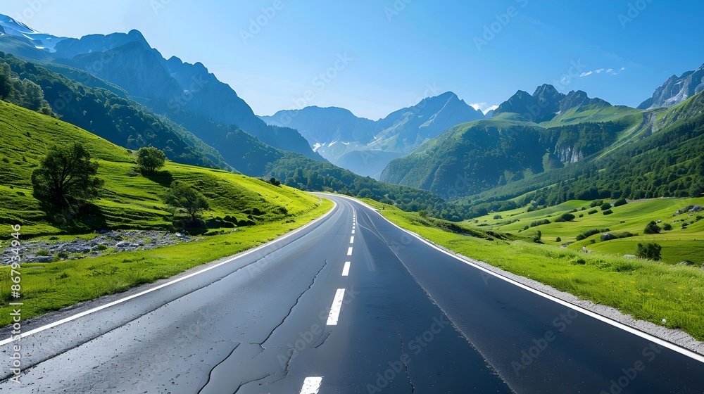 Naklejka premium Mountain landscape and asphalt highway under a clear blue sky