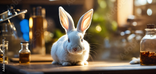 portrait of cute sad white bunny on a laboratory