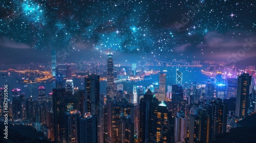 Wallpaper Mural A bustling city skyline illuminated by neon lights and a starry sky resembling a galaxy Torontodigital.ca