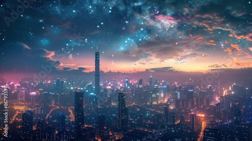 Wallpaper Mural A bustling city skyline illuminated by neon lights and a starry sky resembling a galaxy Torontodigital.ca