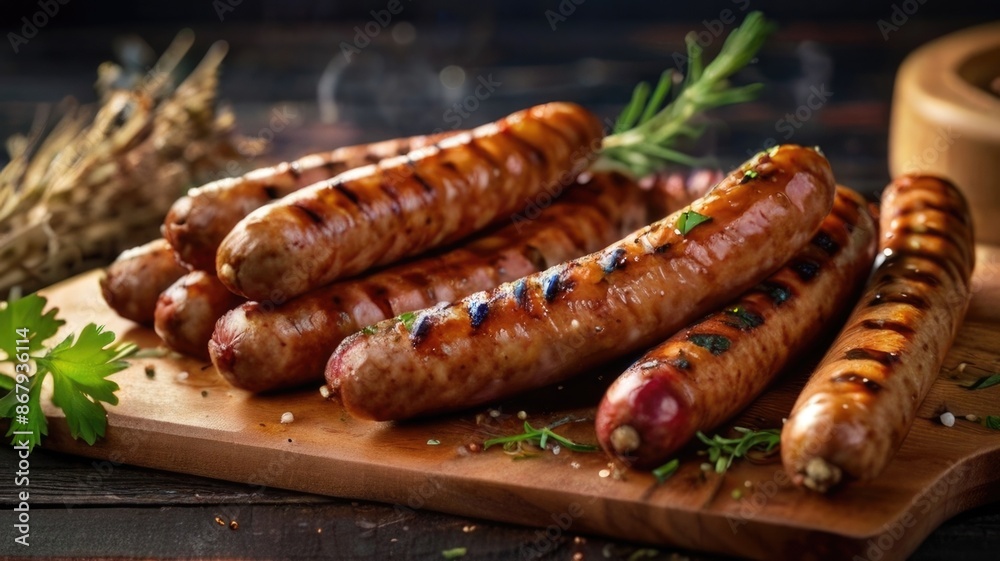 Tasty grilled pork sausages on wooden cutting board Tasty grilled pork sausages on wooden cutting board