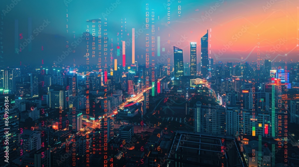 city's skyline overlaid by data matrix city's skyline overlaid by data matrix