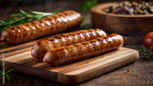 Tasty grilled pork sausages on wooden cutting board