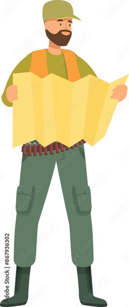 Hunter wearing green uniform holding paper map navigating in forest Hunter wearing green uniform holding paper map navigating in forest